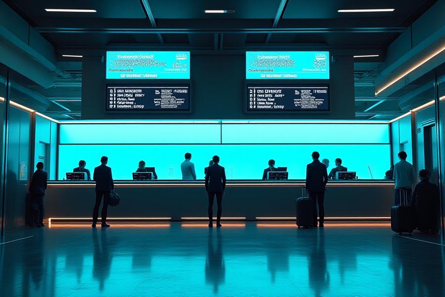 Kaunter daftar masuk lapangan terbang moden dengan paparan info barisan